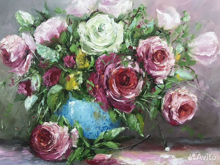 Картина маслом Розы в голубой вазе
