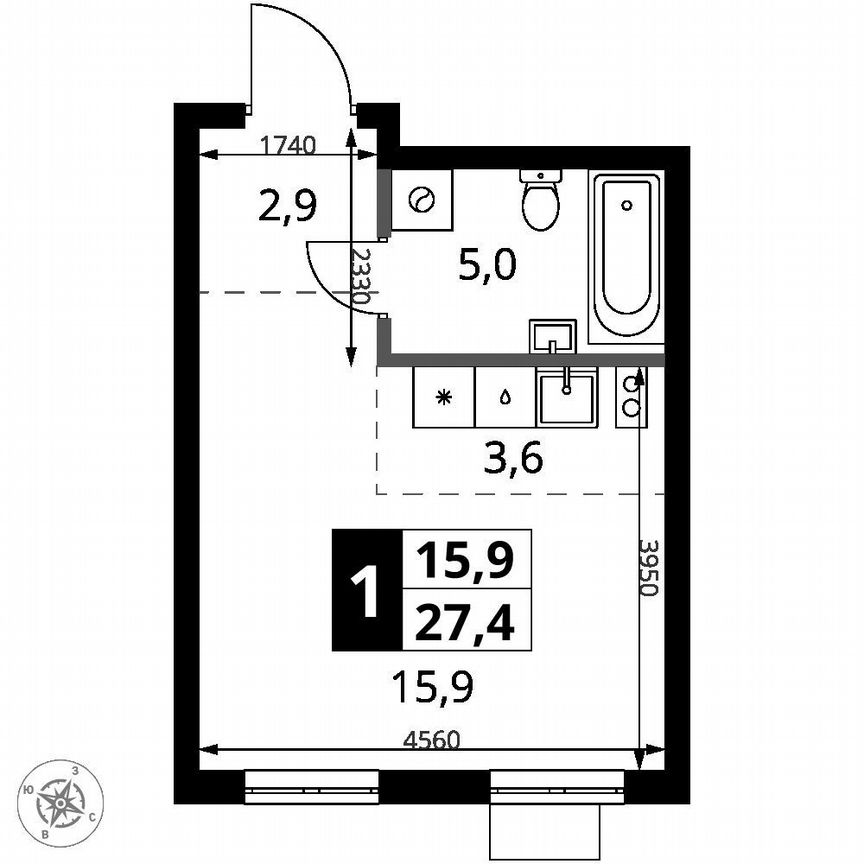 Квартира-студия, 27,4 м², 13/18 эт.