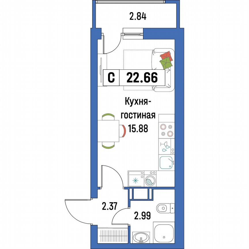 Квартира-студия, 22,7 м², 8/16 эт.