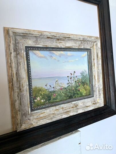 Картина маслом морской пейзаж с цветами в раме
