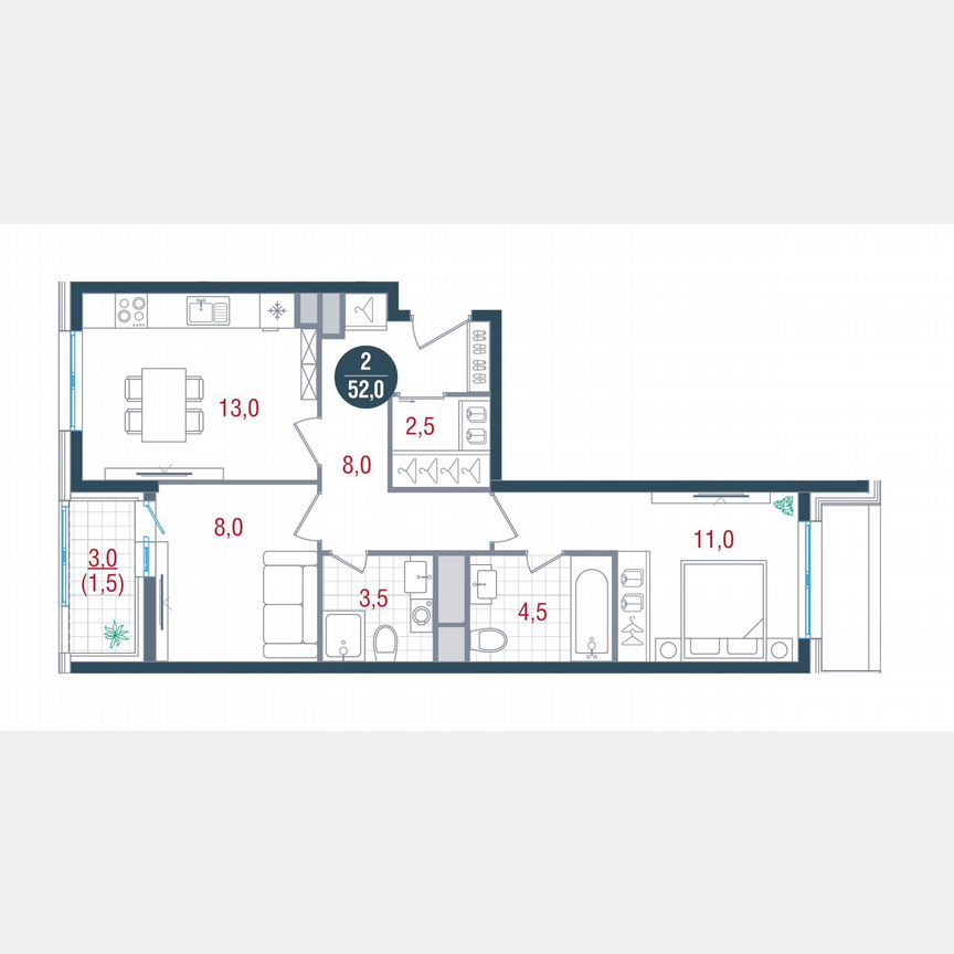 2-к. квартира, 52 м², 18/26 эт.