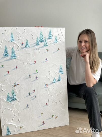 Картина текстурная лыжники и сноубордисты