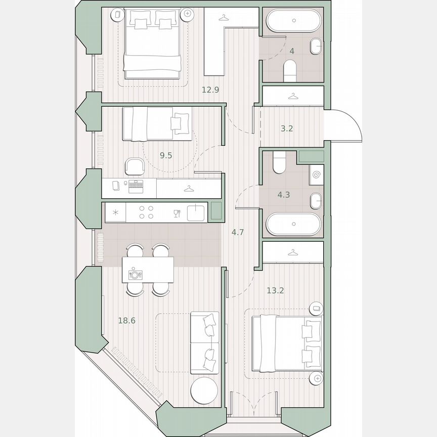 3-к. квартира, 70,4 м², 11/13 эт.