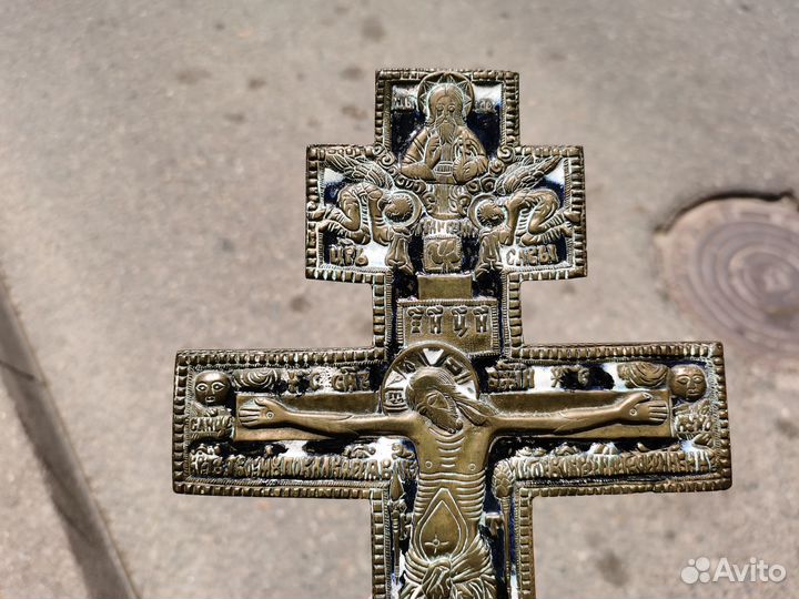 Крест напрестольный бронза эмаль 18 - 19 век Русь