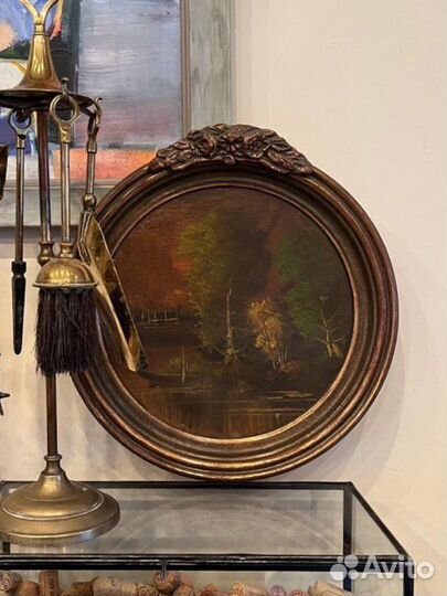 Антикварный набор для камина латунь, картина живо