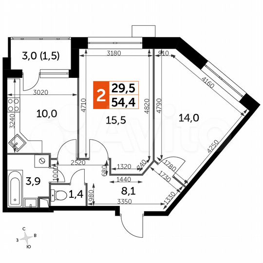 2-к. квартира, 54,4 м², 2/17 эт.