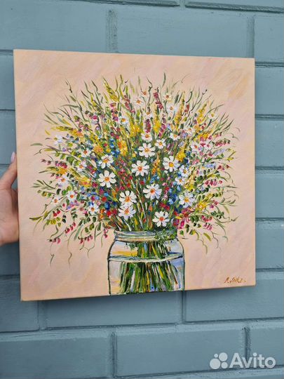 Картина маслом с цветами ромашки натюрморт холст
