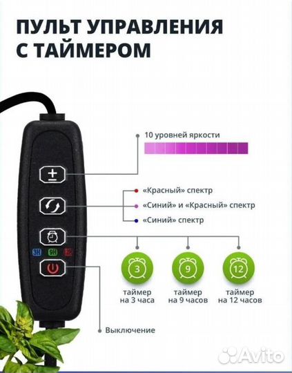Фитолампа для растений, 3 режима, пульт управления