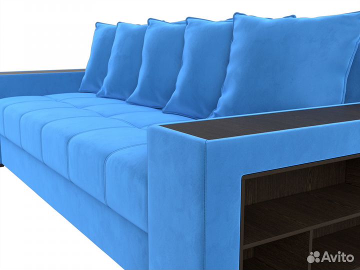 Диван прямой Дубай полки справа, велюр, голубой