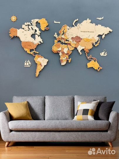 Карта мира на стену из дерева