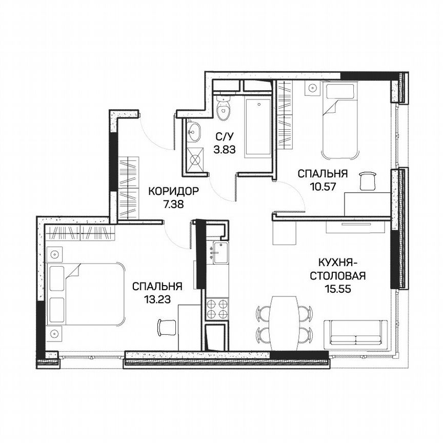 2-к. апартаменты, 50,5 м², 7/8 эт.