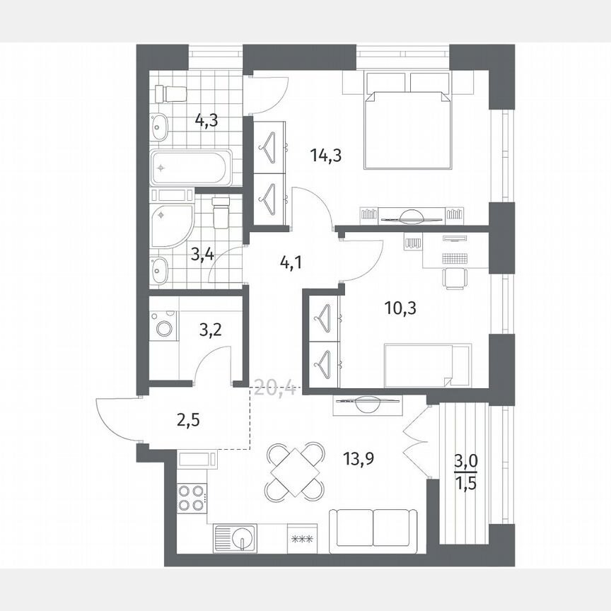 2-к. квартира, 57,4 м², 7/12 эт.