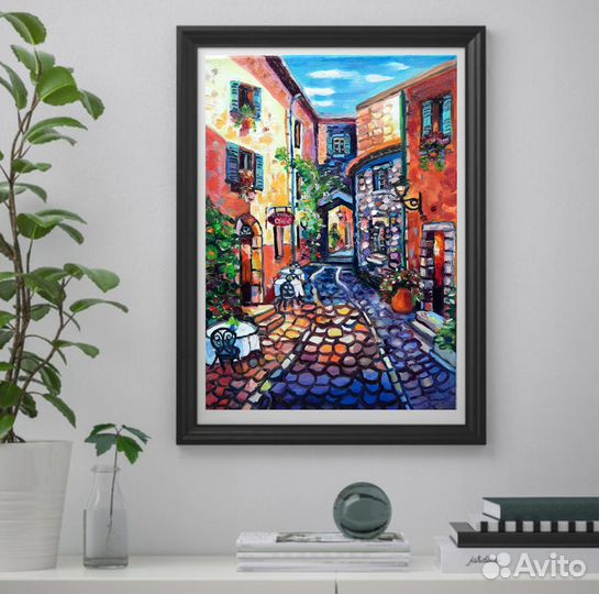 Картина маслом Кафе в старом городе холст 40*30см