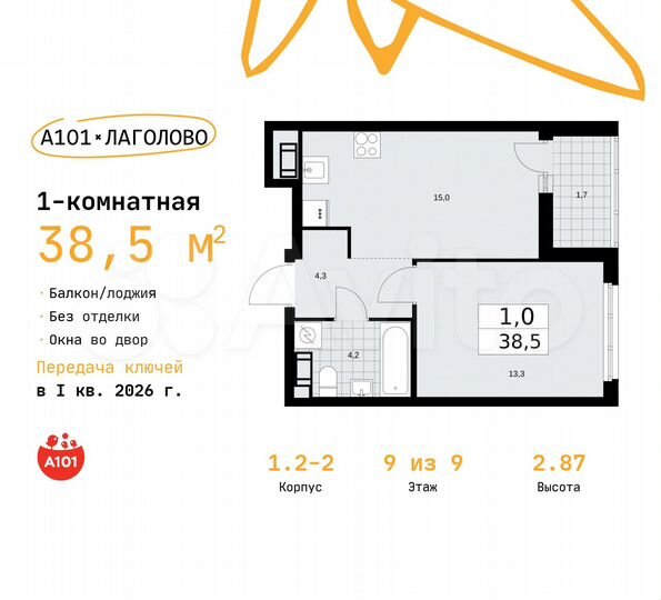 1-к. квартира, 38,5 м², 9/9 эт.