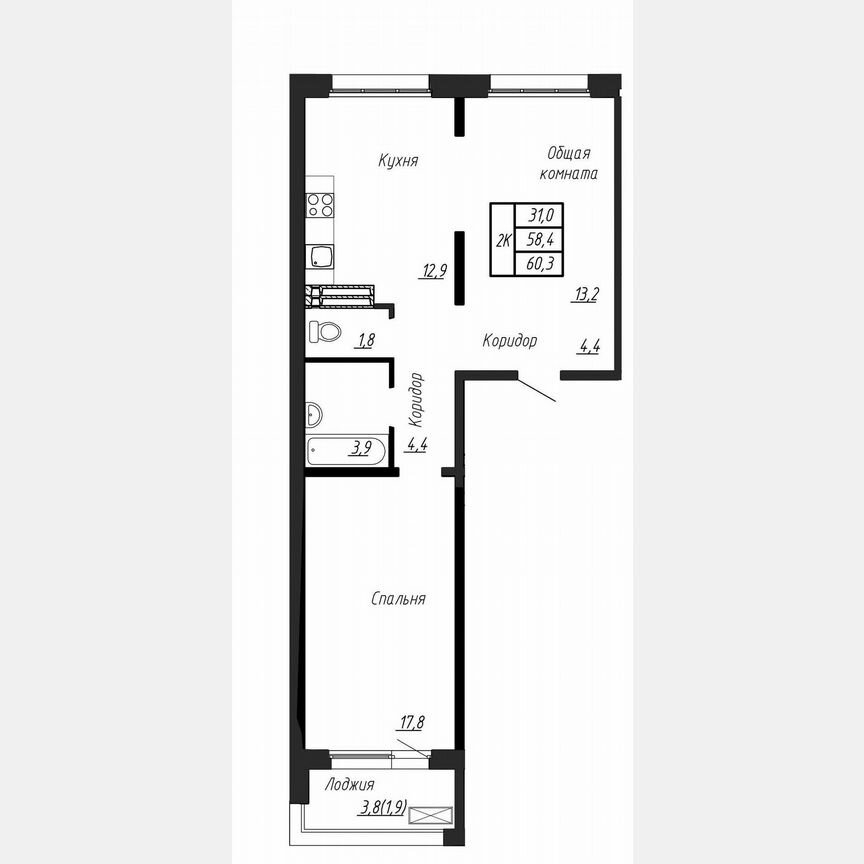 2-к. квартира, 60,3 м², 17/17 эт.