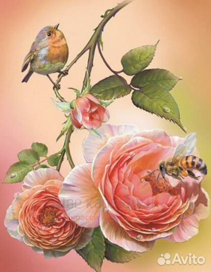 Алмазная мозаика 40x50 Пчёлка и птичка на розе