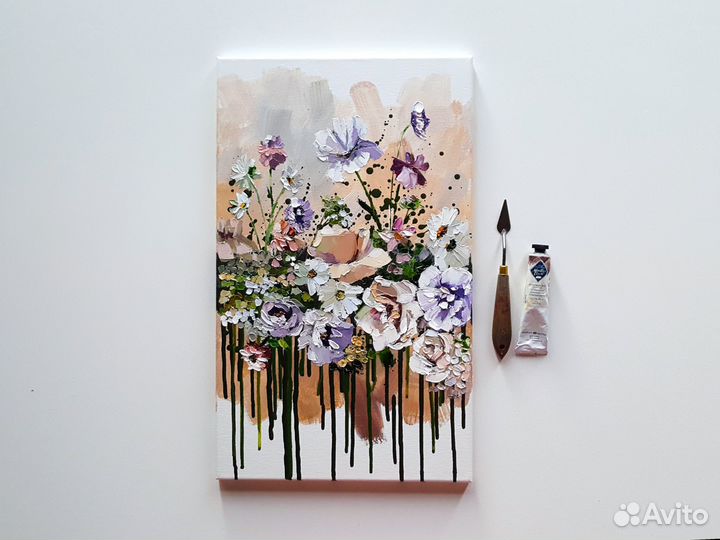 Картина маслом цветы Белые Розы интерьерная нежная