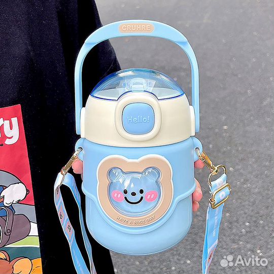 Термокружка синяя новая с мишкой