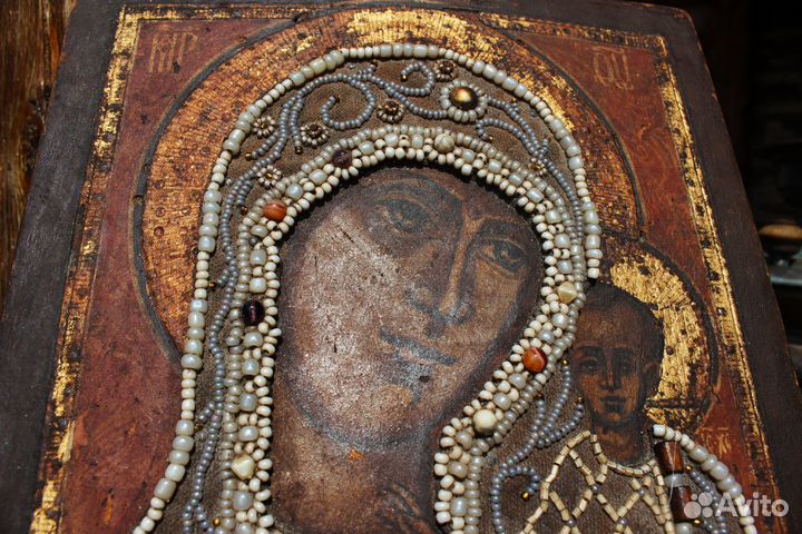 Икона Богородицы Казанская 28*22 ризе бисер жемчуг