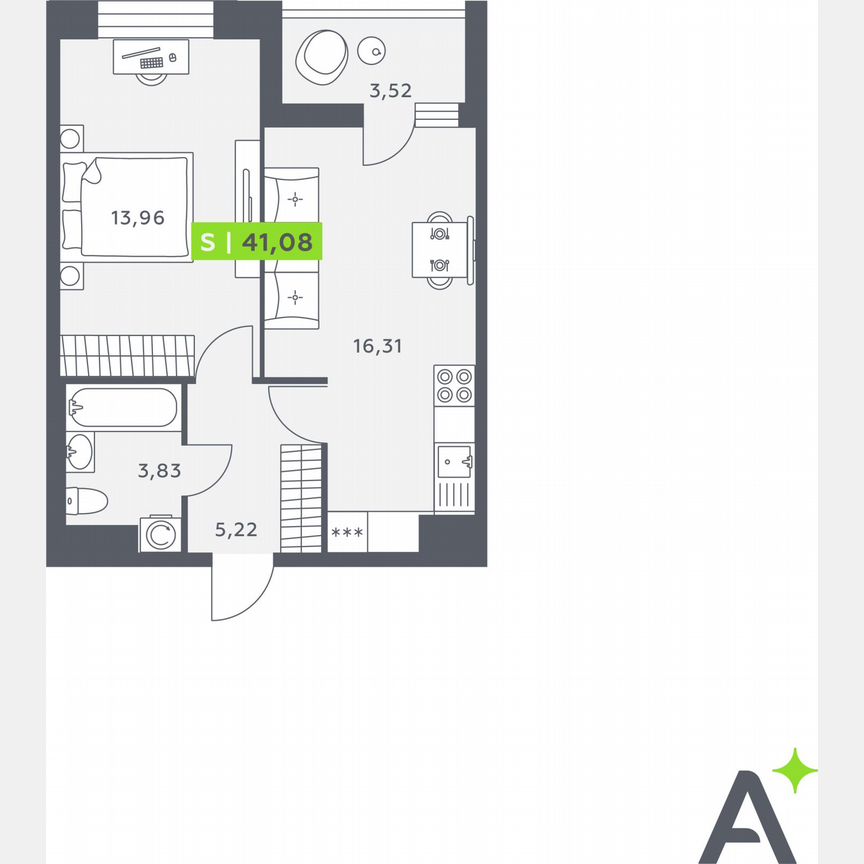 1-к. квартира, 41,1 м², 7/12 эт.