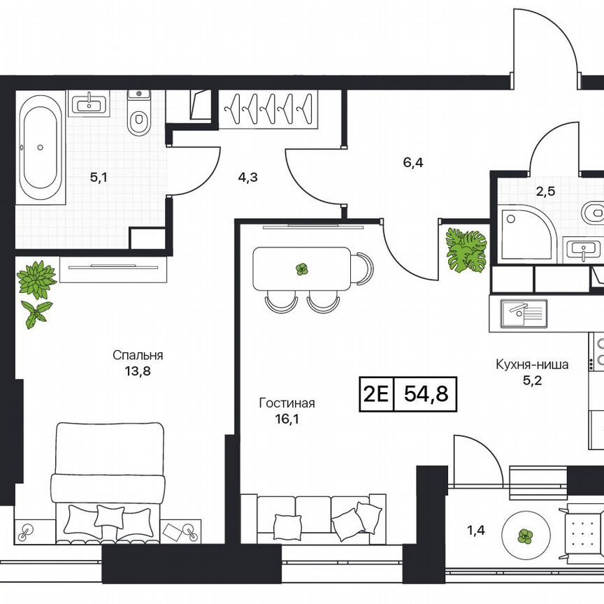 2-к. квартира, 54,8 м², 7/17 эт.