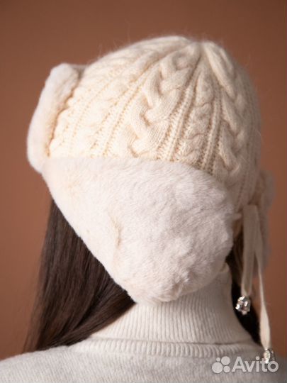 Шапка ушанка женская вязаная ангора экомех
