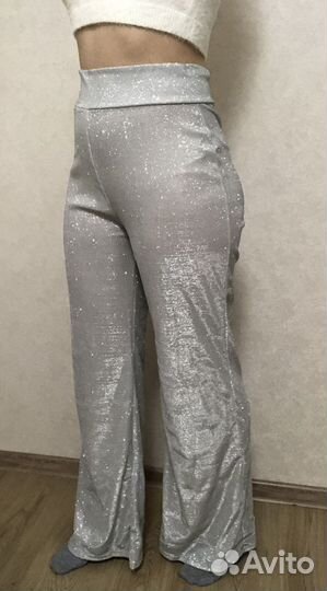 Блестящие брюки с высокой посадкой женские 48