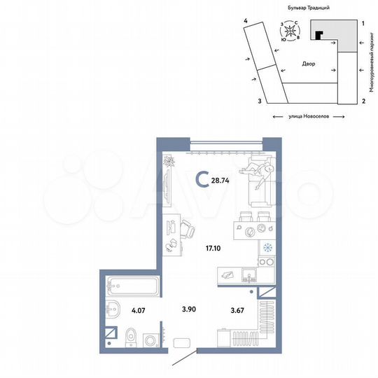Квартира-студия, 28,7 м², 7/16 эт.