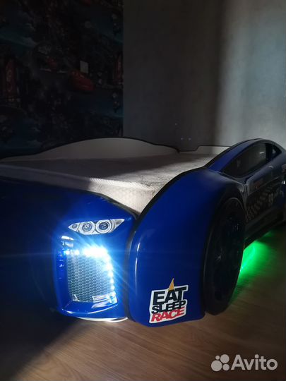 Детская кровать машинка с матрасом и подсветкой