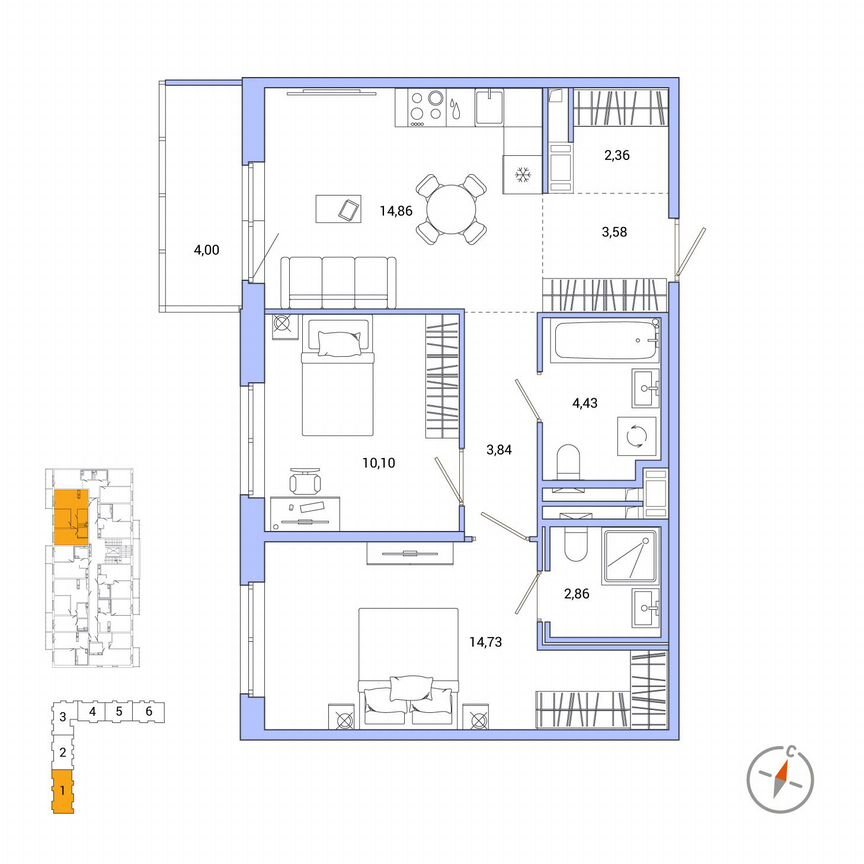 2-к. квартира, 58 м², 5/7 эт.