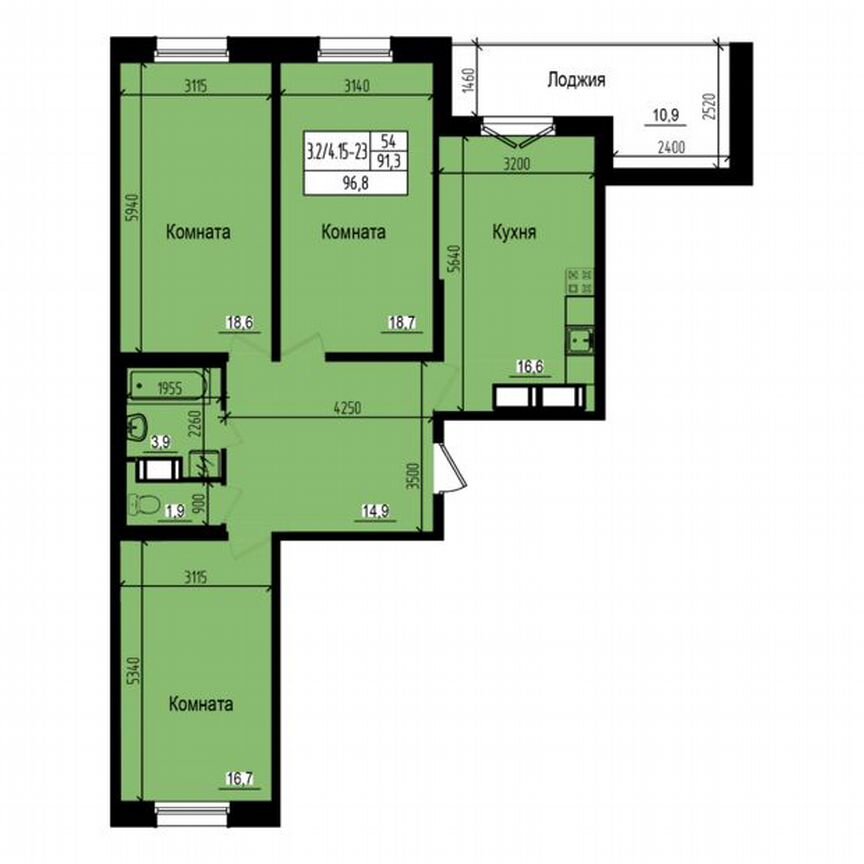 3-к. квартира, 96,8 м², 23/23 эт.