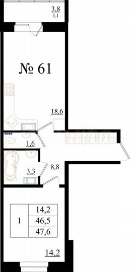 1-к. квартира, 47,6 м², 7/8 эт.