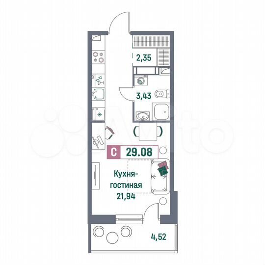 Квартира-студия, 29,1 м², 11/16 эт.