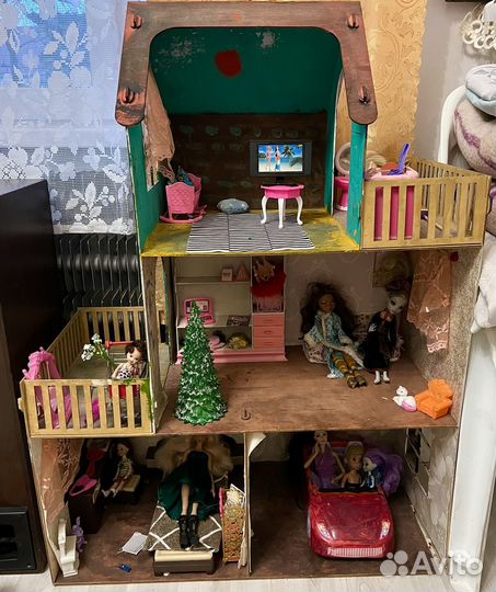 Кукольный дом для барби трехэтажный с мебелью