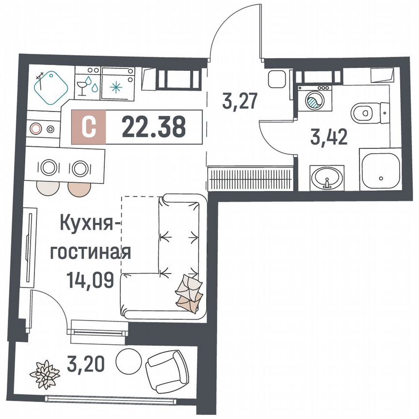 Квартира-студия, 22,4 м², 6/18 эт.