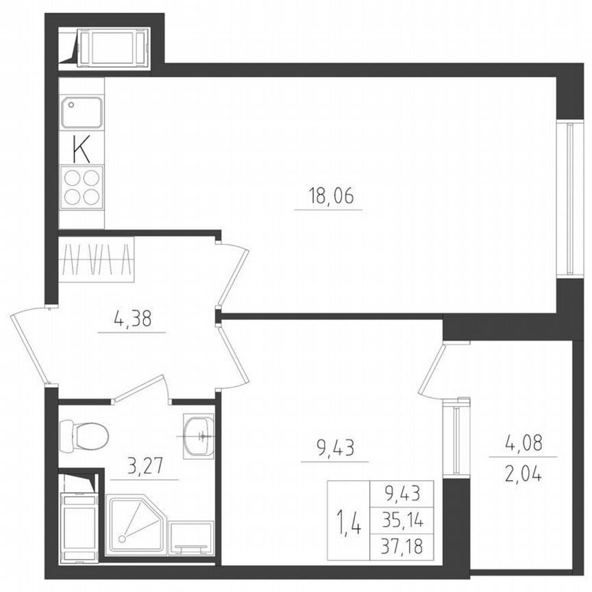 2-к. квартира, 35,2 м², 1/8 эт.