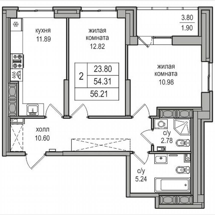 2-к. квартира, 55,8 м², 23/27 эт.