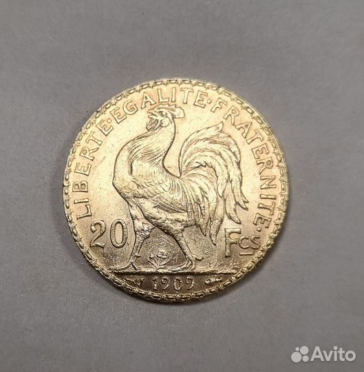 Монета 20 франков 1909 Франция золото