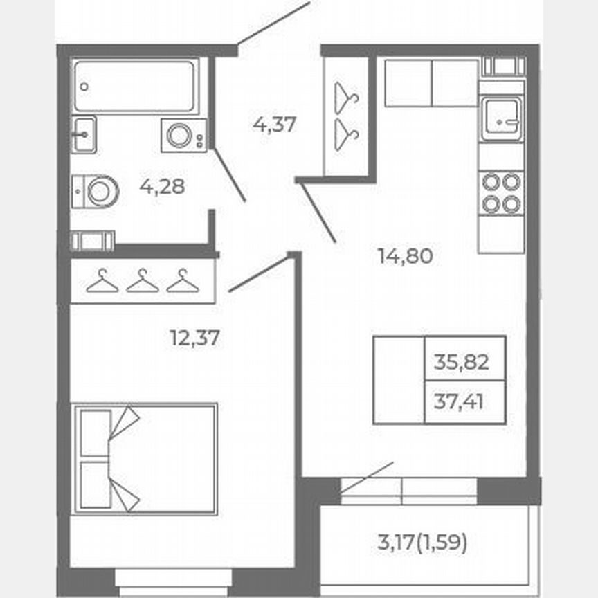 1-к. квартира, 35,8 м², 3/4 эт.