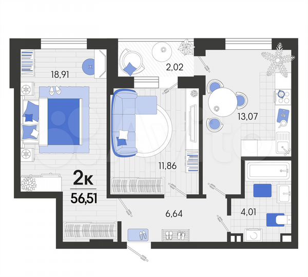 2-к. квартира, 56,5 м², 7/7 эт.