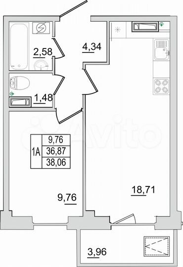 1-к. квартира, 38,1 м², 3/13 эт.