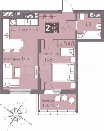 2-к. квартира, 45,3 м², 14/16 эт.