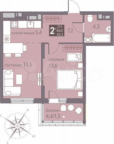 2-к. квартира, 45,3 м², 14/16 эт.