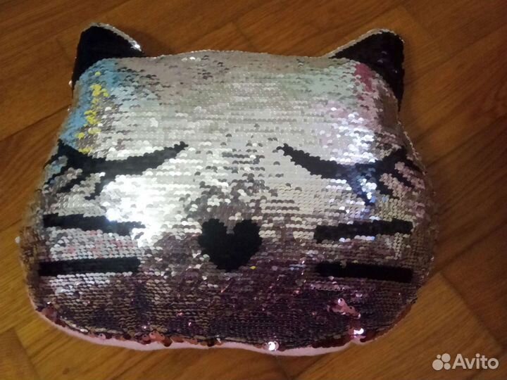 Подушка с пайетками, розово-серебристый кот