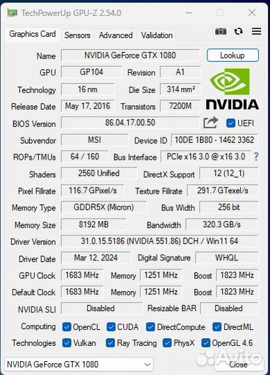 MSI GeForce GTX 1080 gaming X 8gb