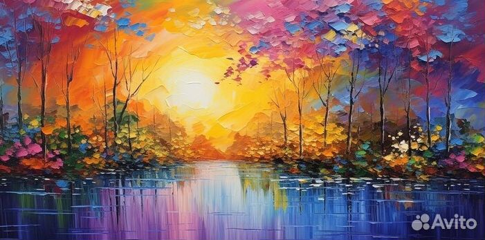 Текстурная картина маслом закат над лесом