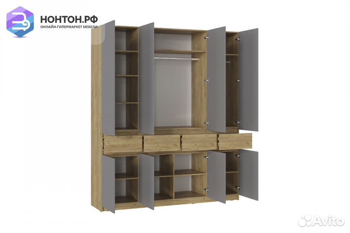 Шкаф 4-створчатый Бостон дуб крафт золотой / серый