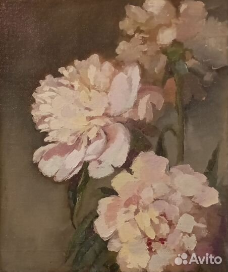 Картина пионы на тёмном масло, холст 30*25