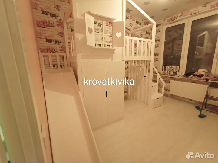 Эко кровать детская - чердак домик с горкой