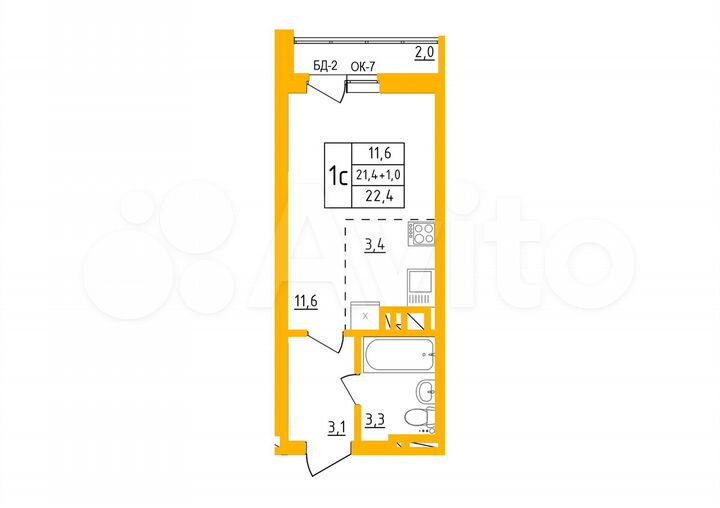 Квартира-студия, 22,4 м², 5/27 эт.